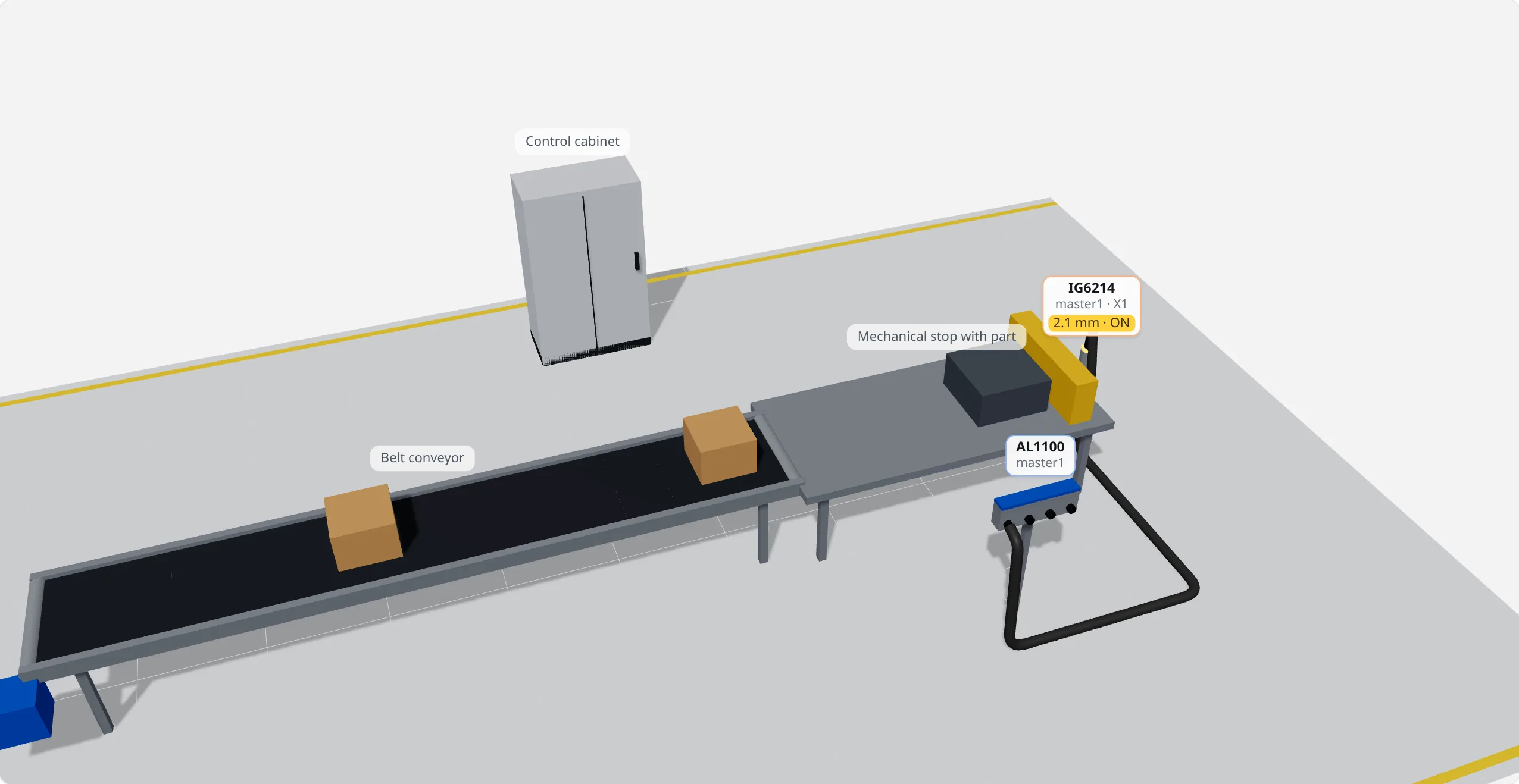 A stainless part at a conveyor stop: the station in 3D